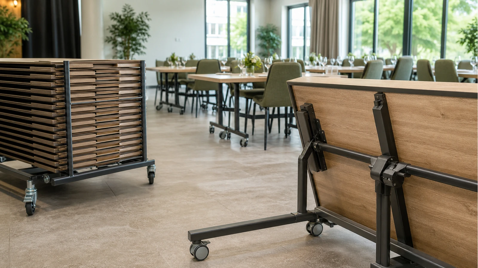 Professionelles redaktionelles Titelbild zum Beitrag: Klapp- und Stapeltische in der Gastronomie: Wann flexible Systeme den Service entlasten